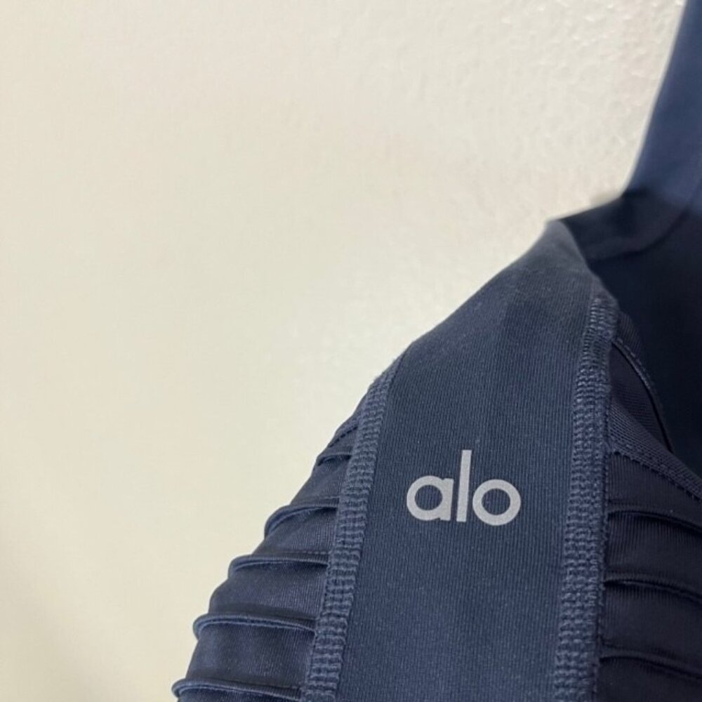 ALO Yoga Leggings Womens Small Moto Blue Gray Mesh Panel Logo Gym Workout - Picture 6 of 6